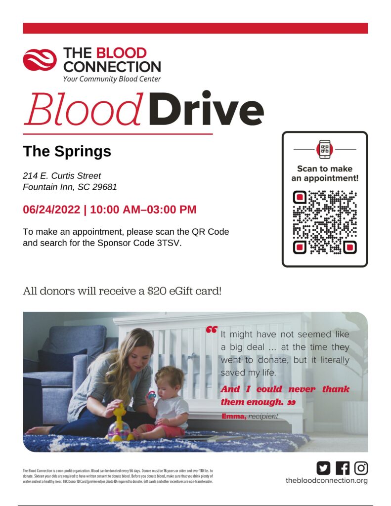 Senior Care Simpsonville SC - The Springs at Simpsonville will be Hosting a Blood Drive