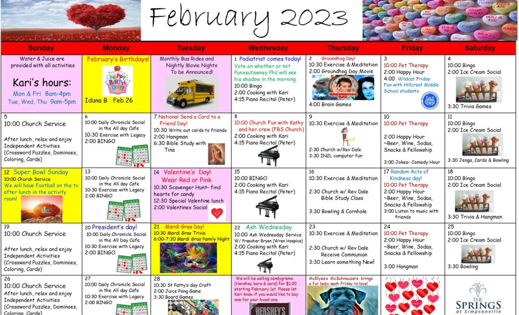 Kari’s February calendar 2023 The Springs at Simpsonville